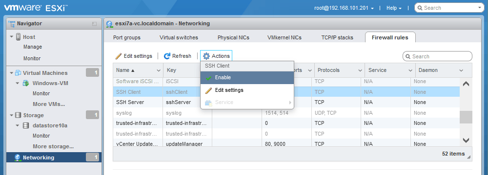 Enabling SSH access in the ESXi firewall