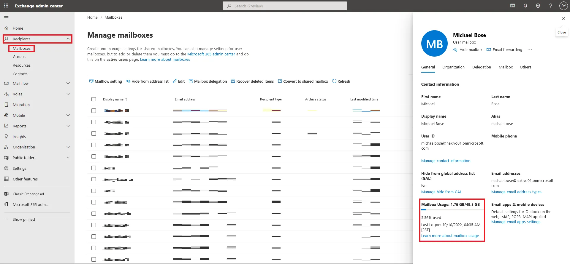 Checking Exchange Online mailbox size for an Office 365 user in the Admin center