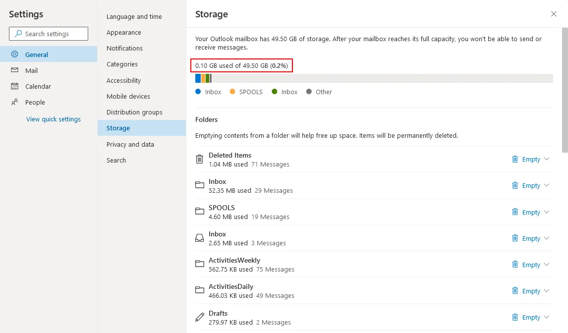 Checking Office 365 storage limits for a mailbox in Outlook Online