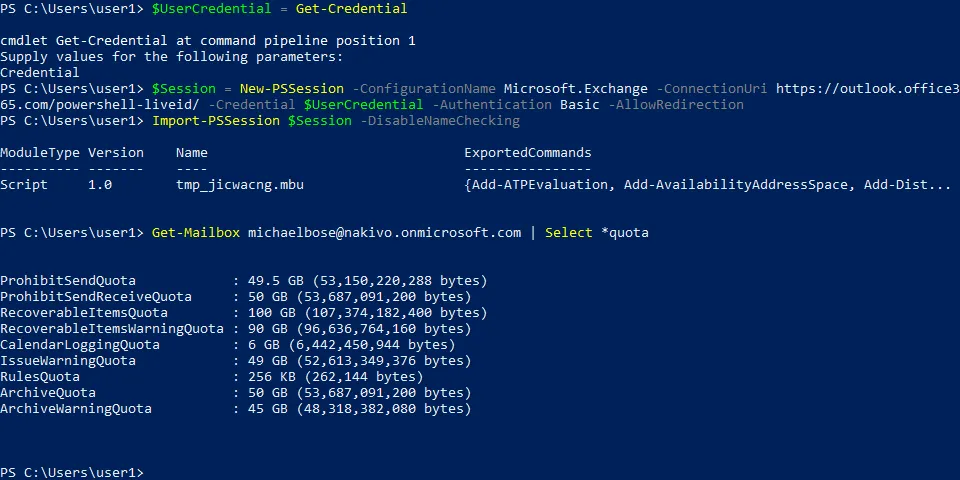Checking Office 365 mailbox size quotas for a user in PowerShell