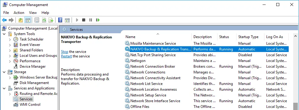 A NAKIVO Transporter service is running in Windows