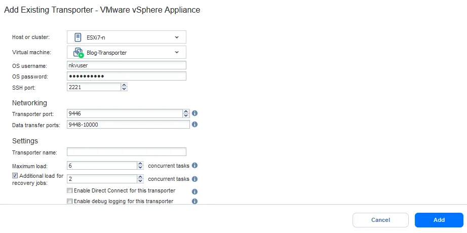 Adding the installed NAKIVO Transporter