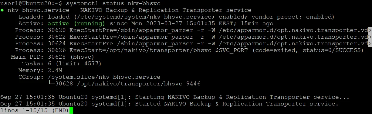 Checking NAKIVO Transporter service after installation