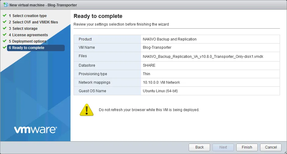 Checking VM configuration summary to deploy the Transporter