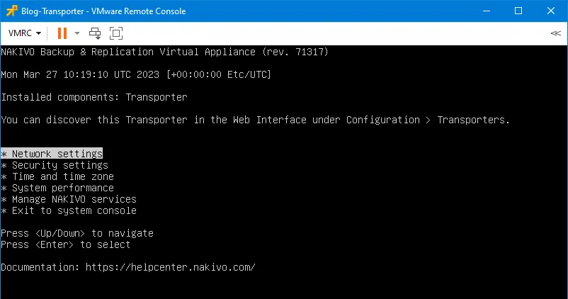 Connecting to NAKIVO Transporter appliance with VMware Remote Console