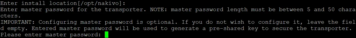 Entering a master password to install NAKIVO Transporter