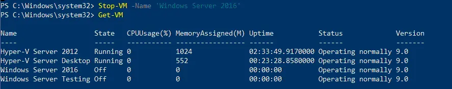 Using Stop-VM and Get-VM PowerShell commands
