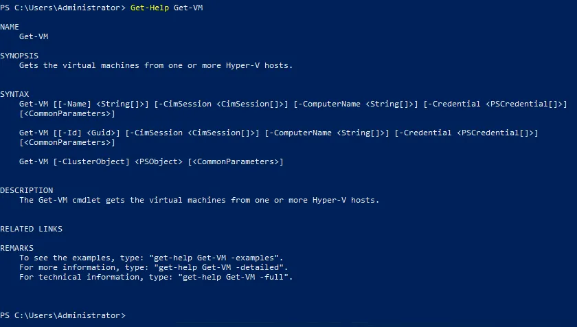 Using the Get-Help and Get-VM Hyper-V PowerShell commands