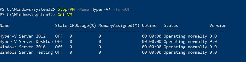 Using the Stop-VM and Get-VM PowerShell Hyper-V commands