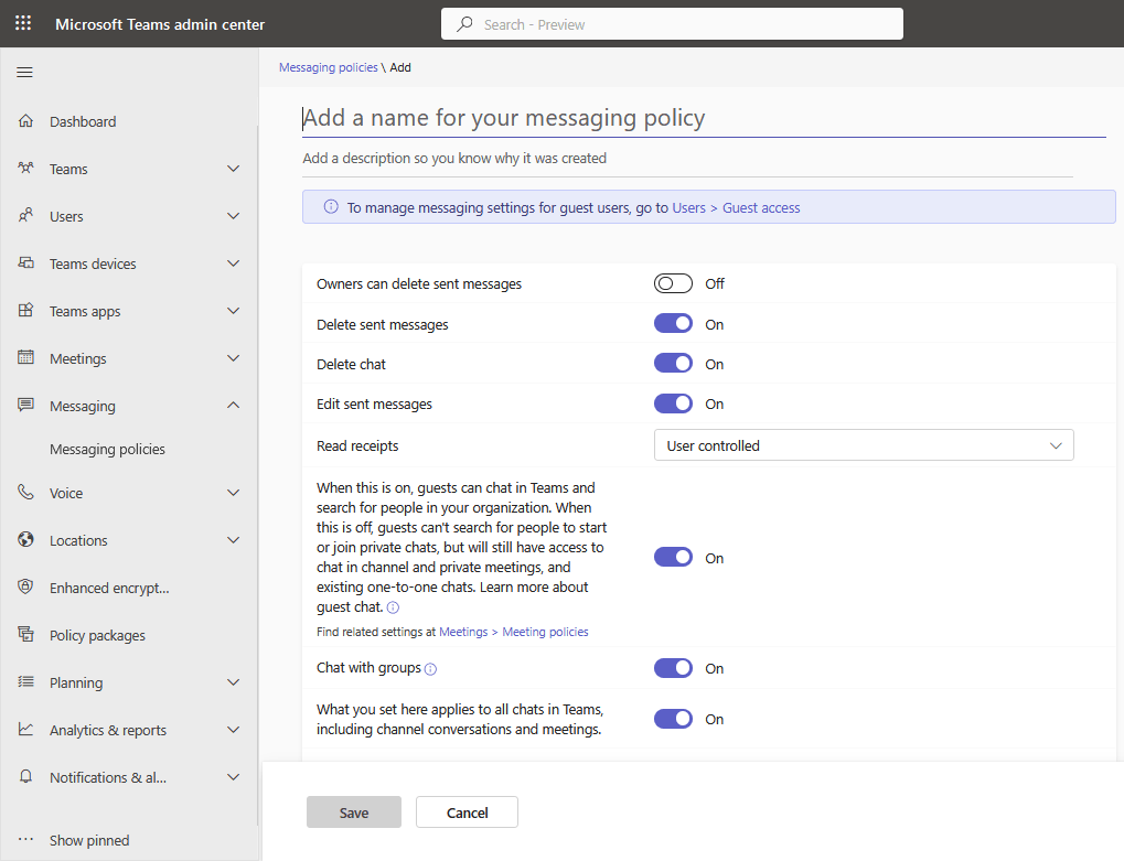 Adding a messaging policy to avoid message deletion in Teams