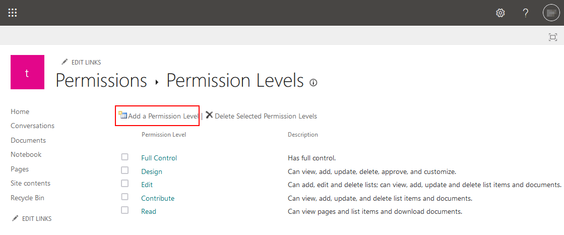 Adding a permission level for Microsoft Teams