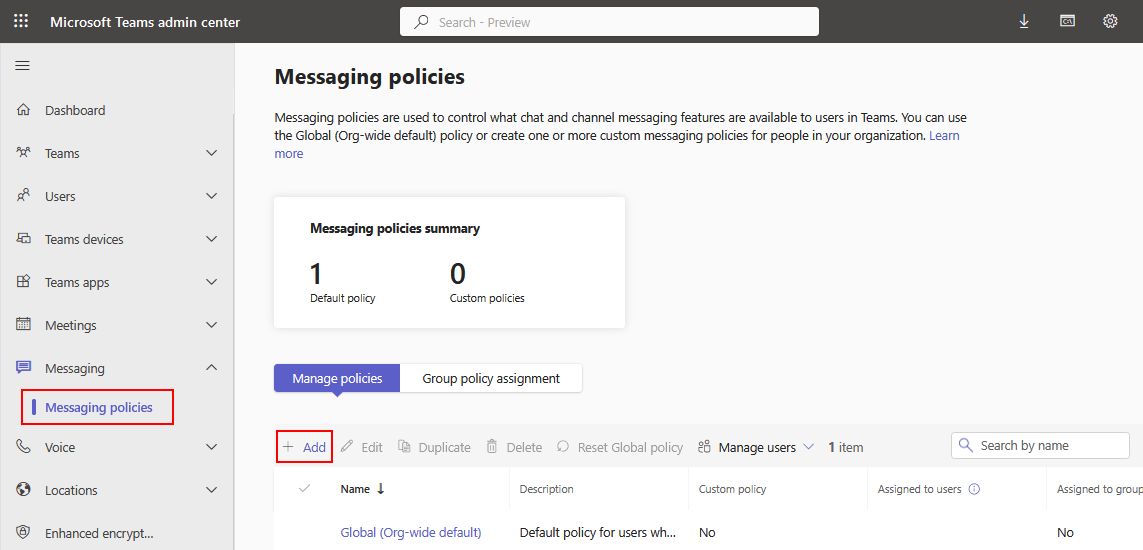 Adding a team messaging policy