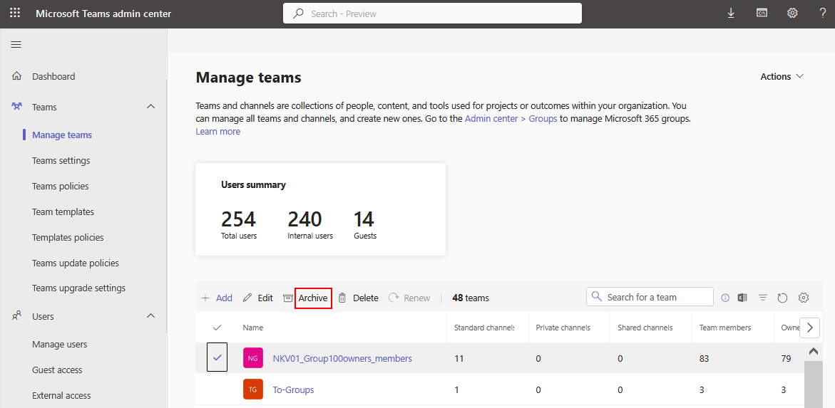 Archiving Microsoft Teams data via the admin center
