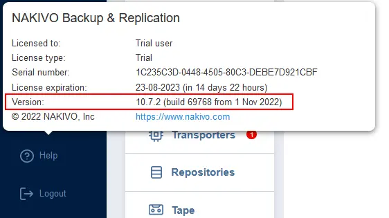 Checking a version and build of NAKIVO Backup and Replication