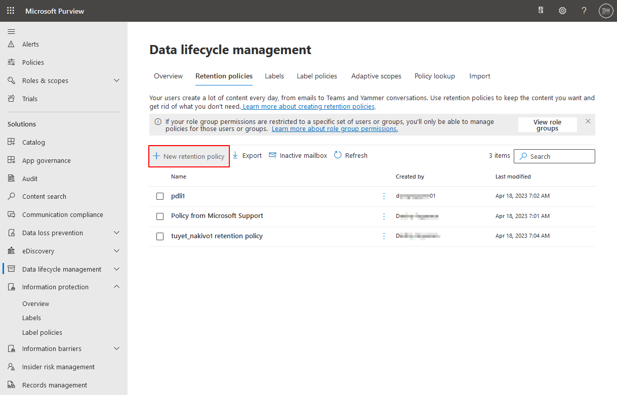 Creating a new retention policy in Microsoft Purview