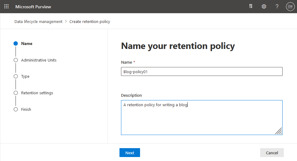Entering a name for a new retention policy