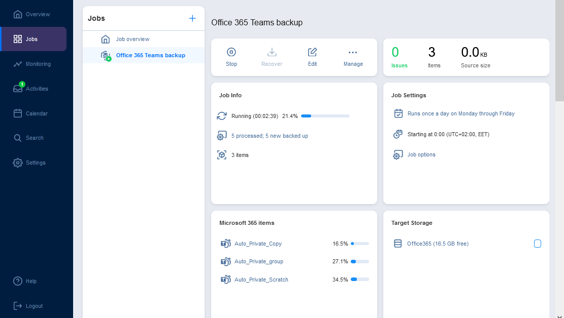Microsoft Teams backup is in progress
