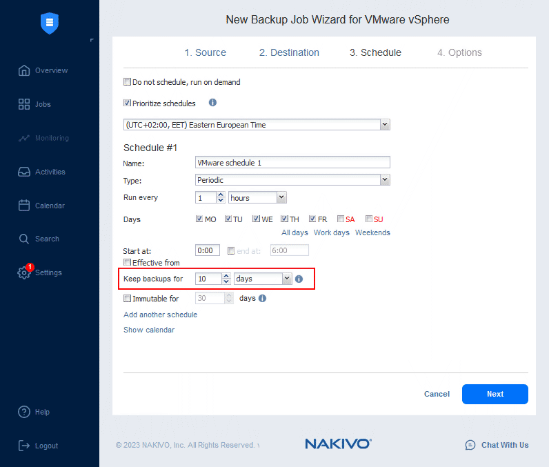 NAKIVO Retention and scheduling options