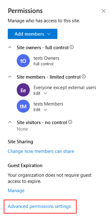Opening advanced permissions for a team