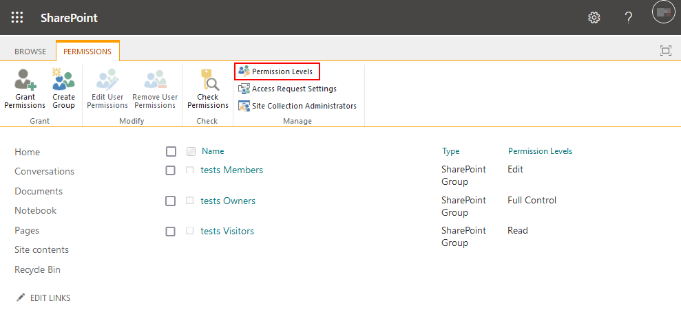Opening permission levels for Microsoft Teams