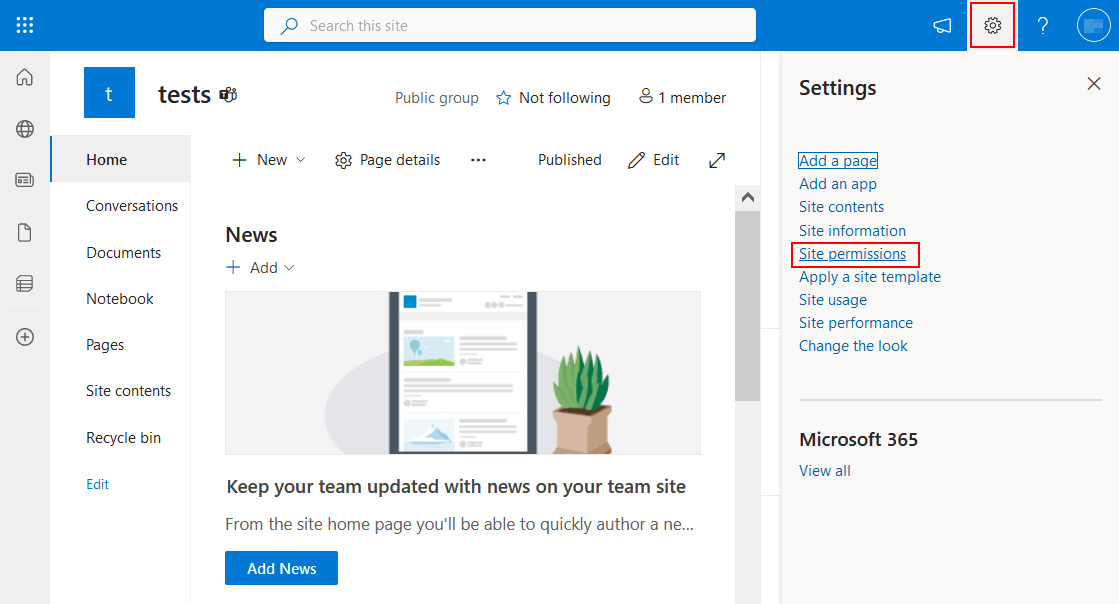 Opening site permissions for the selected team