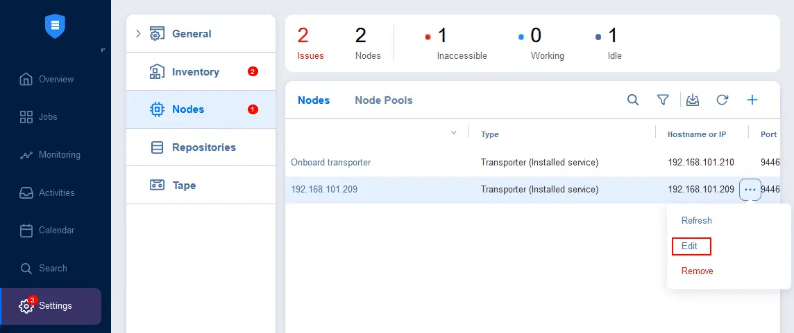 Opening Transporter settings to edit the Transporter configuration