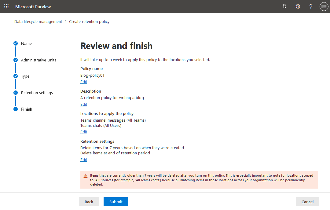 Reviewing the retention settings