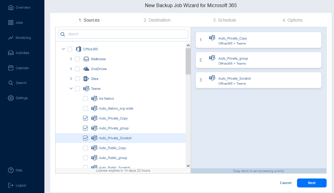 Selecting Microsoft Teams objects to back up