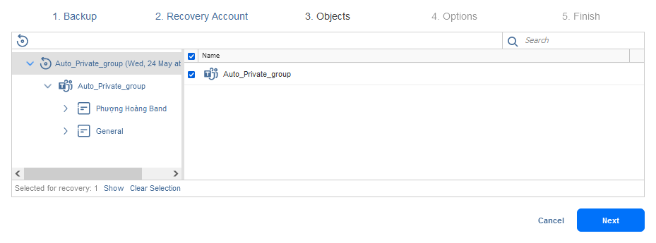 Selecting Microsoft Teams objects to recover