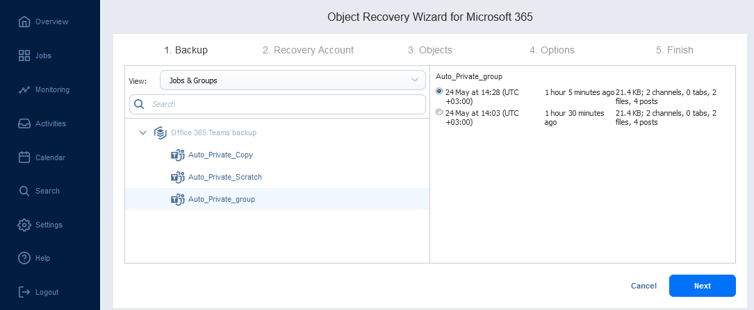Selecting Microsoft Teams objects to recovery