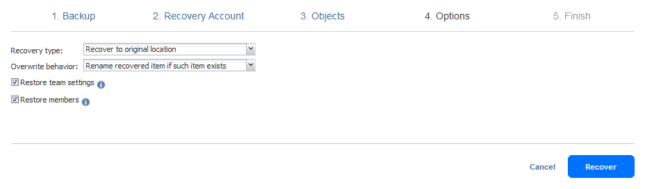 Selecting Microsoft Teams recovery options