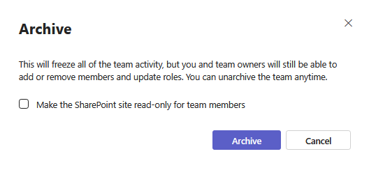 The confirmation message to archive Microsoft Teams
