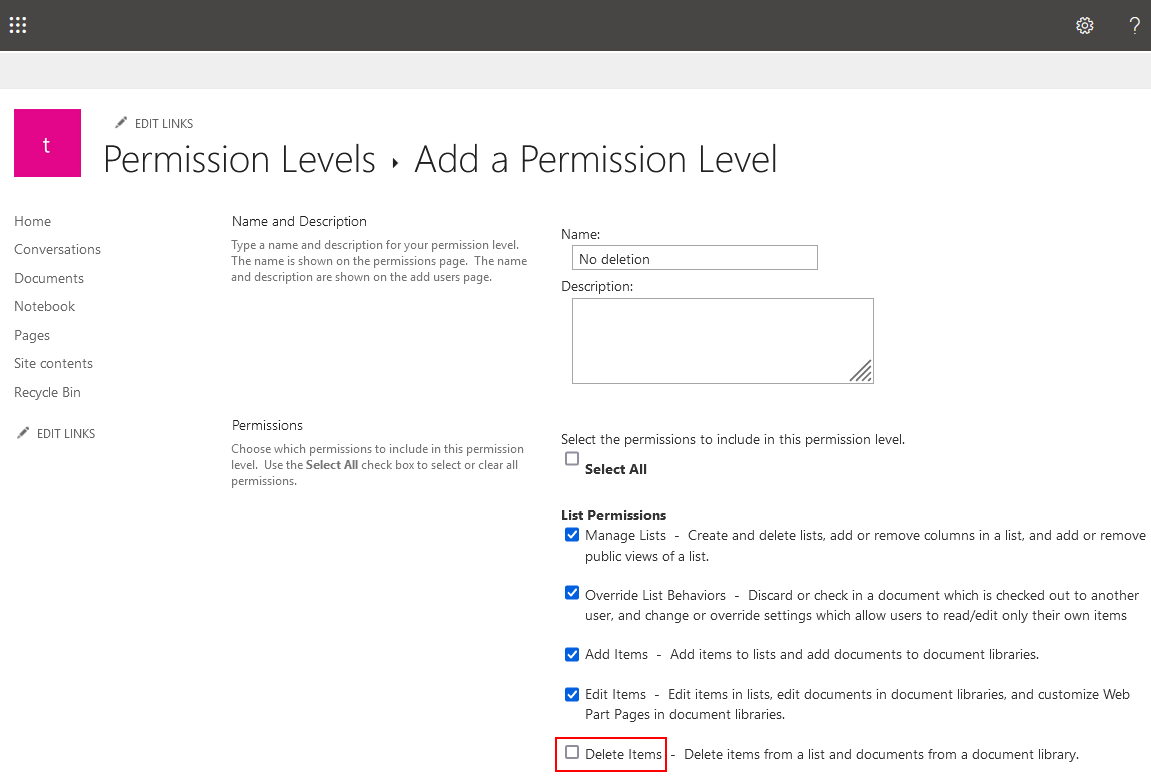 Unselecting the Delete Items permissions