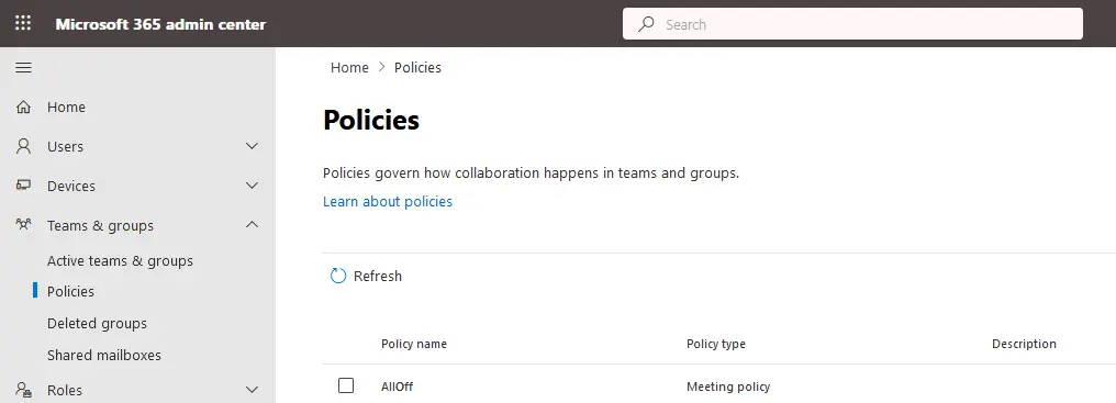 Checking policies for Teams in Microsoft 365 admin center