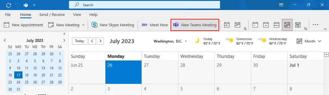 create a new teams meeting in Outlook