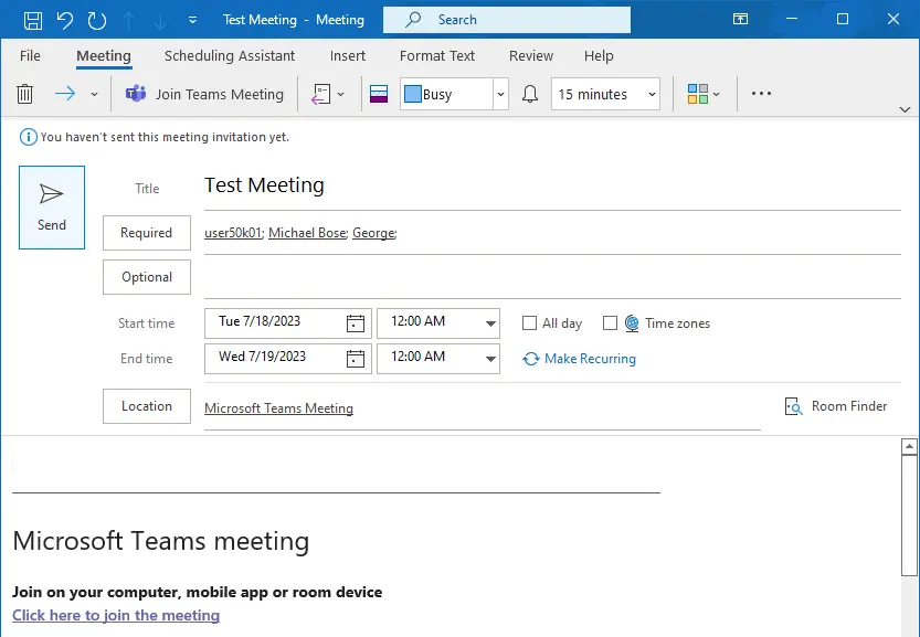 filling in teams meeting details