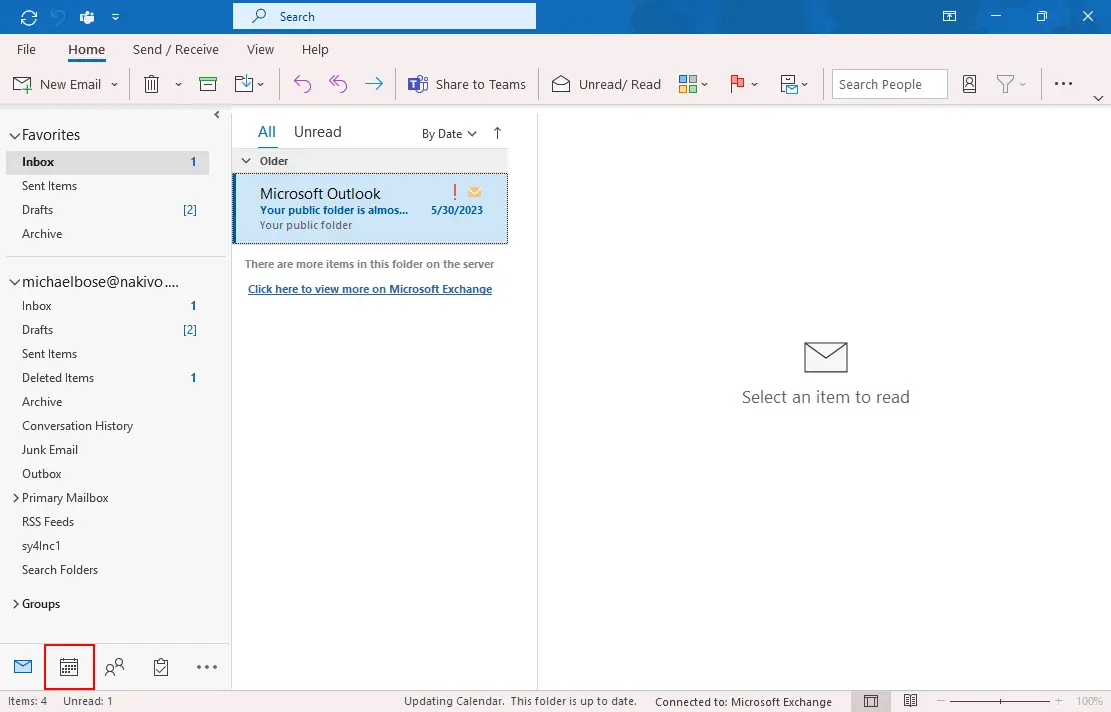 Opening a calendar in Outlook 365 installed on Windows