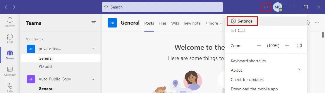 Opening Microsoft Teams settings in a web browser