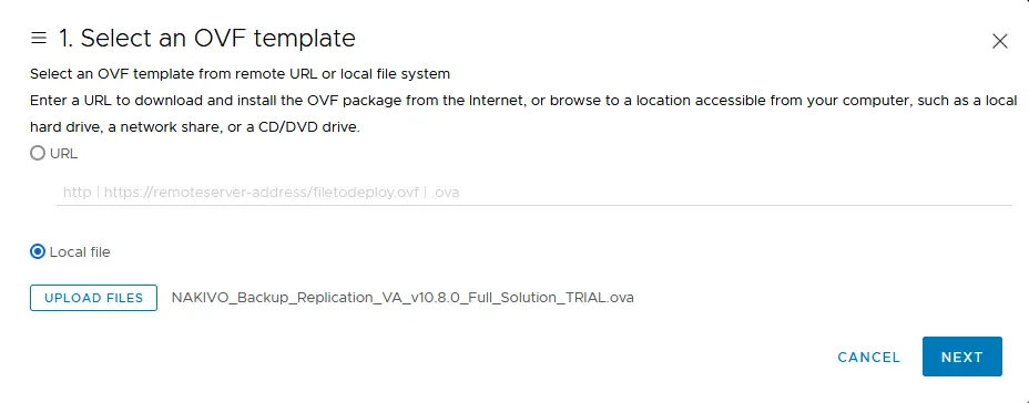 Selecting an OVF template in VMware vSphere for VM deployment