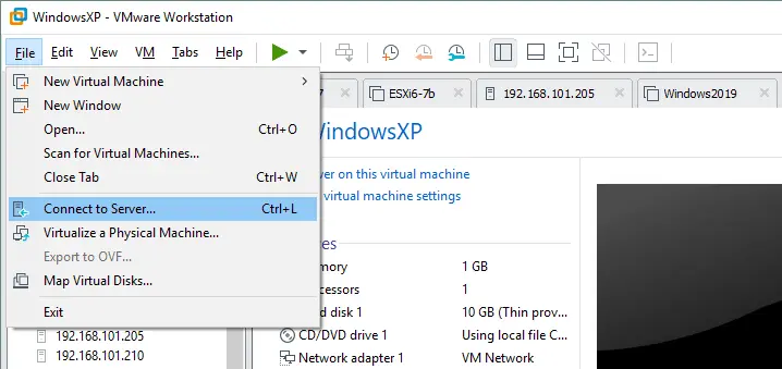 Connecting to an ESXi server in VMware Workstation