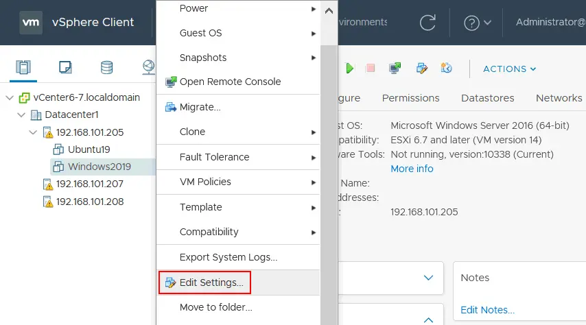 Editing VM settings in VMware vSphere Client
