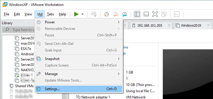 Opening VM settings