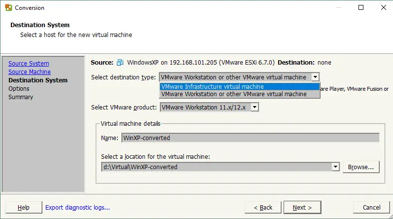 Selecting destination to store a converted VM