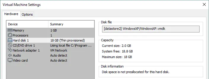 Virtual hard disk options in virtual machine settings