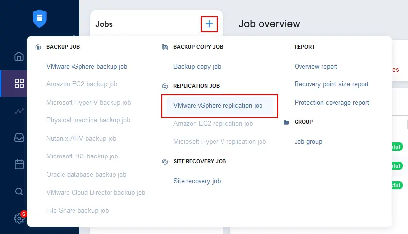 Creating a new VMware VM replication job