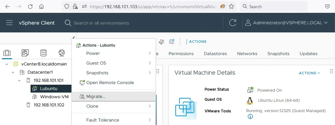 Opening the Actions menu for a VM to migrate