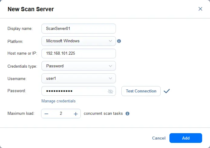 A connection with a scan server has been tested successfully