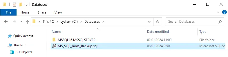 A script for MS SQL table backup is saved as an sql file