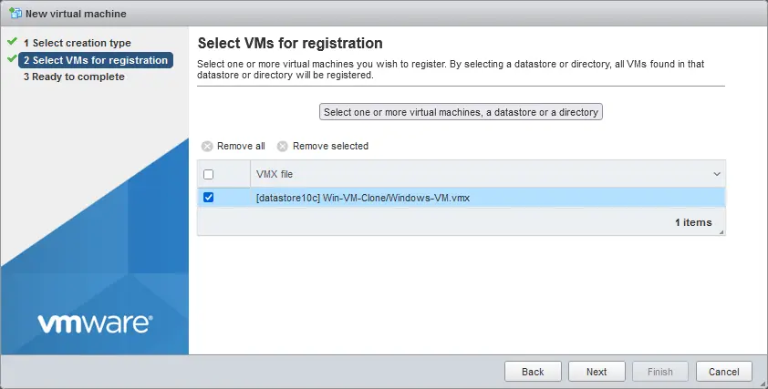 A VMX file of the VM clone is selected