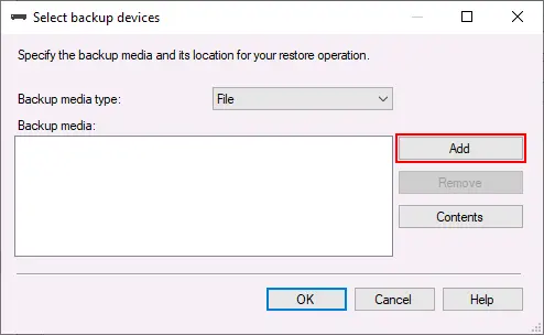 Adding a backup file from which a database must be restored